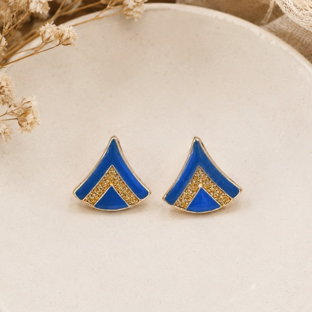 Vintage Blue Enamel Gold Glitter Geometric Chevron Statement Stud Earrings